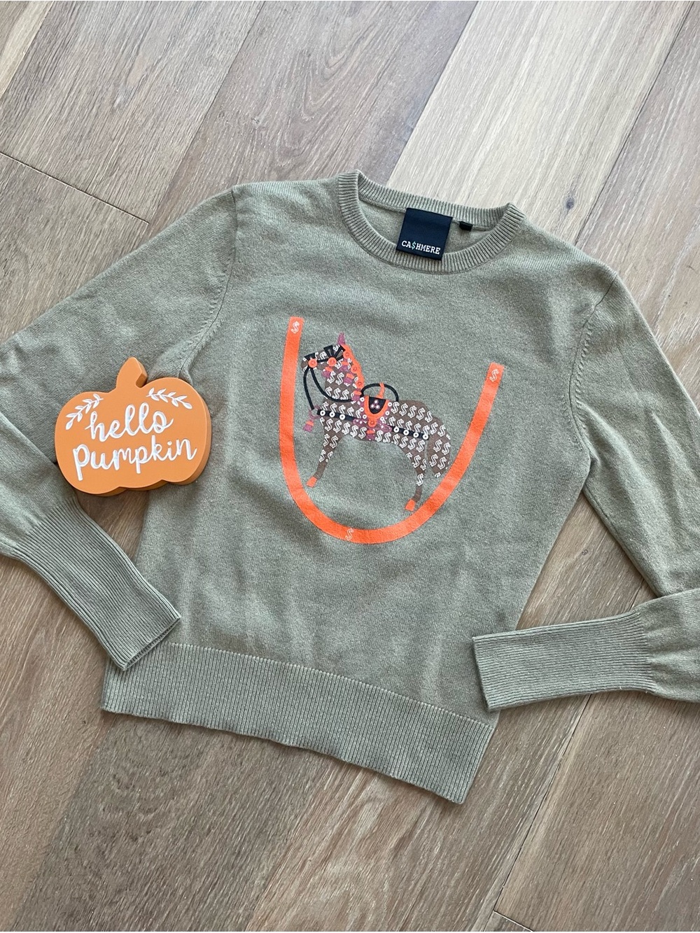Cashmere Olive Green Sweater Embellished Horse Design